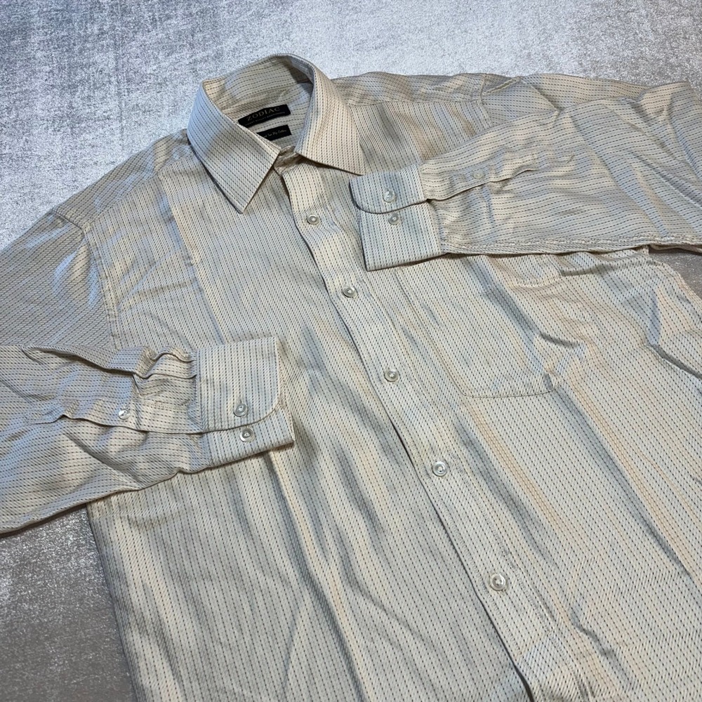 Zodiac Mercerized Two Ply Cotton Men's Dress Shirt Cream Beige Stripe Button Up